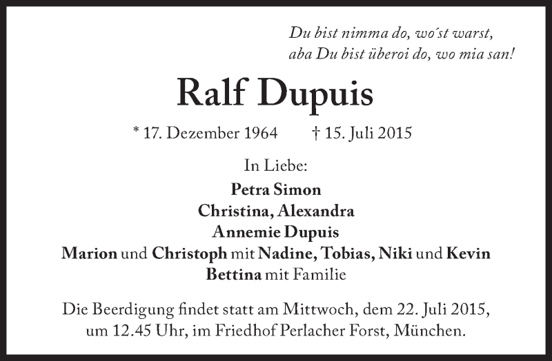  Traueranzeige für Ralf Dupuis vom 20.07.2015 aus Süddeutsche Zeitung
