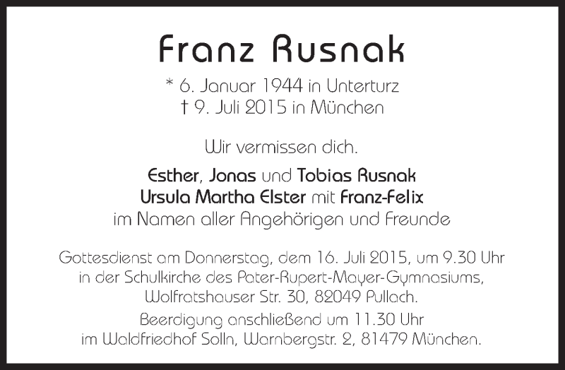  Traueranzeige für Franz Rusnak vom 14.07.2015 aus Süddeutsche Zeitung