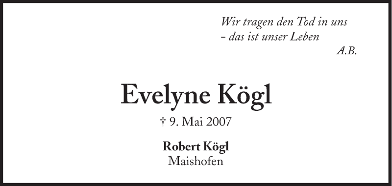  Traueranzeige für Evelyne Kögl vom 09.05.2015 aus Süddeutsche Zeitung