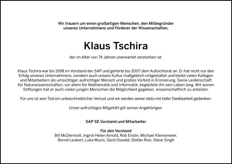 Traueranzeige für Klaus Tschira vom 04.04.2015 aus Süddeutsche Zeitung