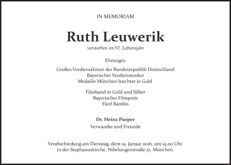  Traueranzeige für Ruth Leuwerik vom 15.01.2016 aus Süddeutsche Zeitung