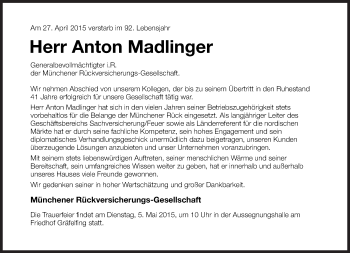 Traueranzeige von Anton Madlinger von Süddeutsche Zeitung
