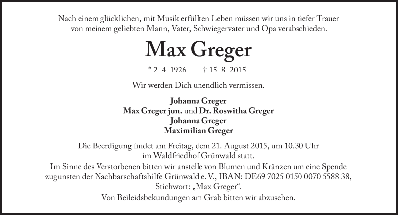  Traueranzeige für Max Greger vom 19.08.2015 aus Süddeutsche Zeitung