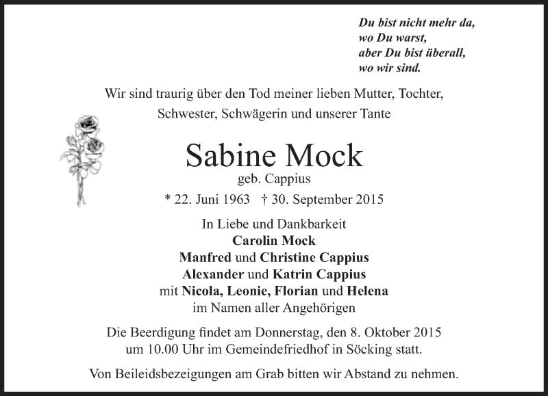  Traueranzeige für Sabine Mock vom 05.10.2015 aus Süddeutsche Zeitung