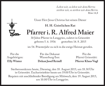 Traueranzeigen Von Alfred Maier SZ Gedenken De