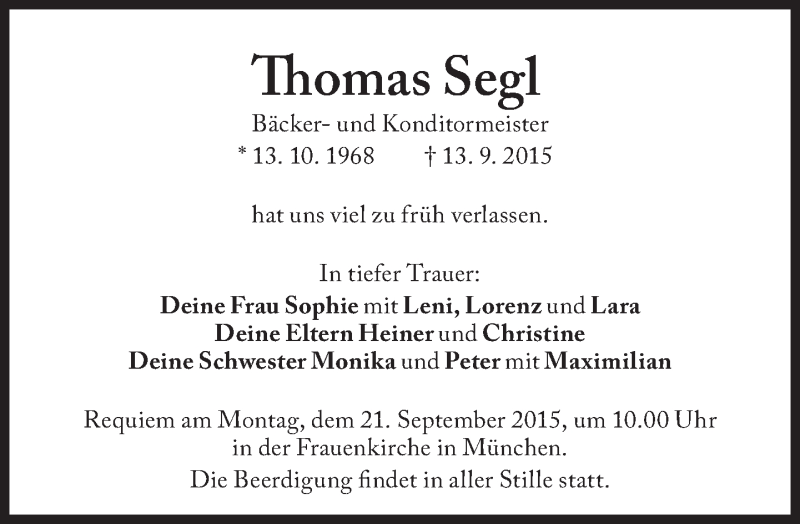  Traueranzeige für Thomas Segl vom 19.09.2015 aus Süddeutsche Zeitung