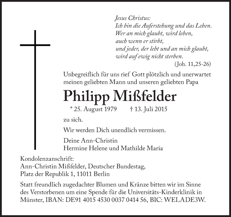  Traueranzeige für Philipp Mißfelder vom 15.07.2015 aus Süddeutsche Zeitung