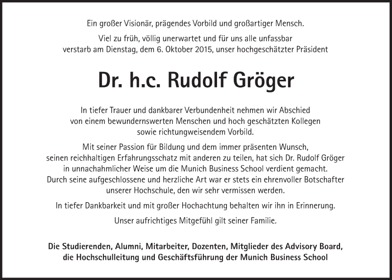 Traueranzeige für Rudolf Gröger vom 10.10.2015 aus Süddeutsche Zeitung