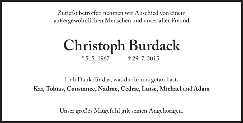  Traueranzeige für Christoph Burdack vom 04.08.2015 aus Süddeutsche Zeitung