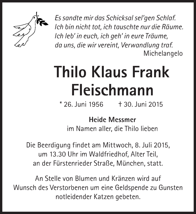  Traueranzeige für Thilo Klaus Frank Fleischmann vom 04.07.2015 aus Süddeutsche Zeitung