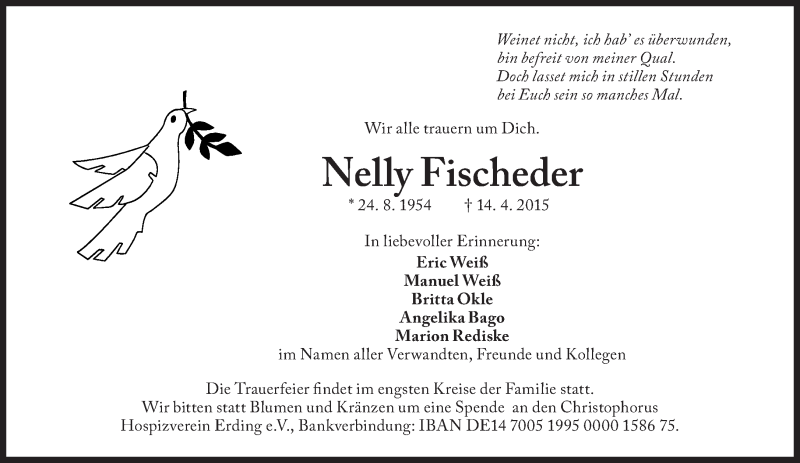  Traueranzeige für Nelly Fischeder vom 20.04.2015 aus Süddeutsche Zeitung
