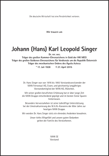 Traueranzeige von Johann Karl Leopold Singer von Süddeutsche Zeitung