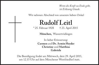 Traueranzeige von Rudolf Leitl von Süddeutsche Zeitung