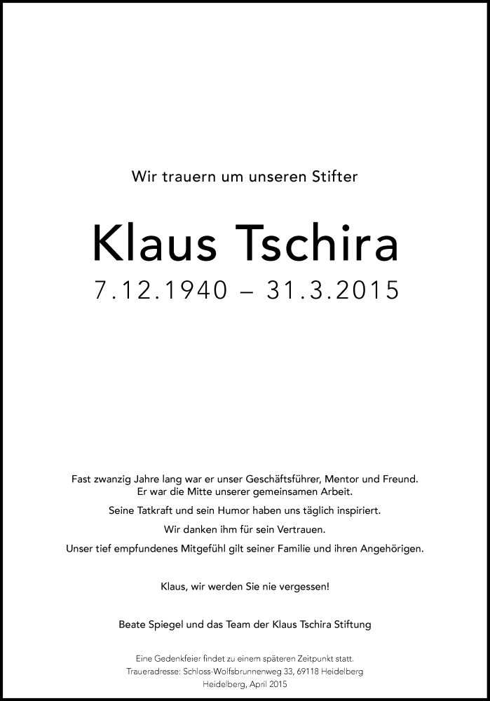  Traueranzeige für Klaus Tschira vom 04.04.2015 aus Süddeutsche Zeitung