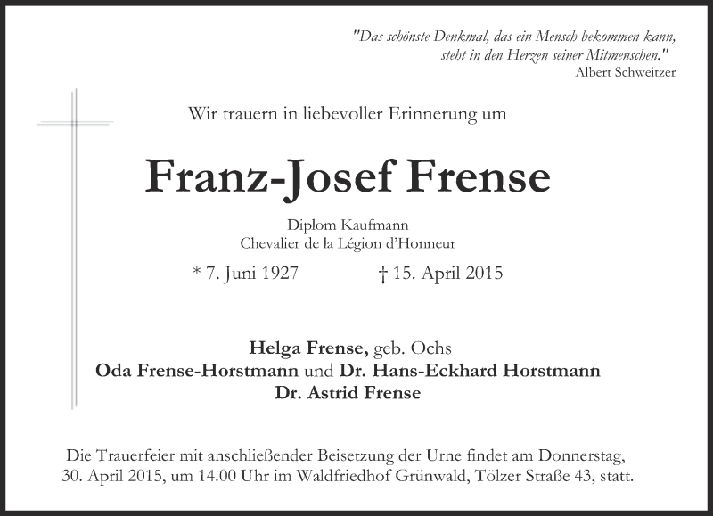  Traueranzeige für Franz-Josef Frense vom 25.04.2015 aus Süddeutsche Zeitung