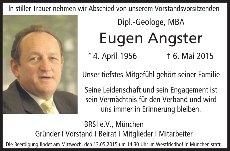  Traueranzeige für Eugen Angster vom 13.05.2015 aus SZ Trauer