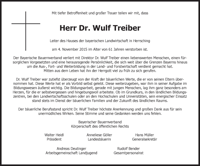  Traueranzeige für Wulf Treiber vom 09.11.2015 aus Süddeutsche Zeitung