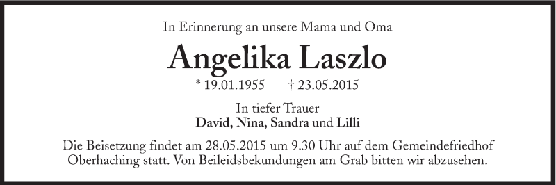  Traueranzeige für Angelika Laszlo vom 27.05.2015 aus Süddeutsche Zeitung