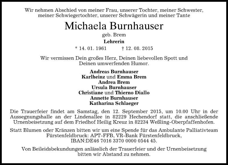  Traueranzeige für Michaela Burnhauser vom 29.08.2015 aus Süddeutsche Zeitung
