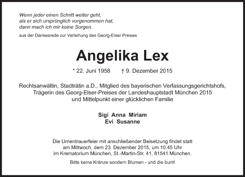  Traueranzeige für Angelika Lex vom 12.12.2015 aus Süddeutsche Zeitung