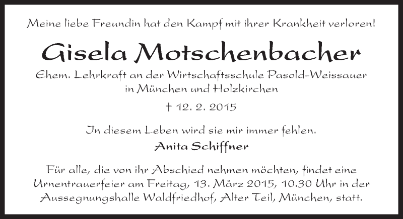  Traueranzeige für Gisela Motschenbacher vom 06.03.2015 aus Süddeutsche Zeitung