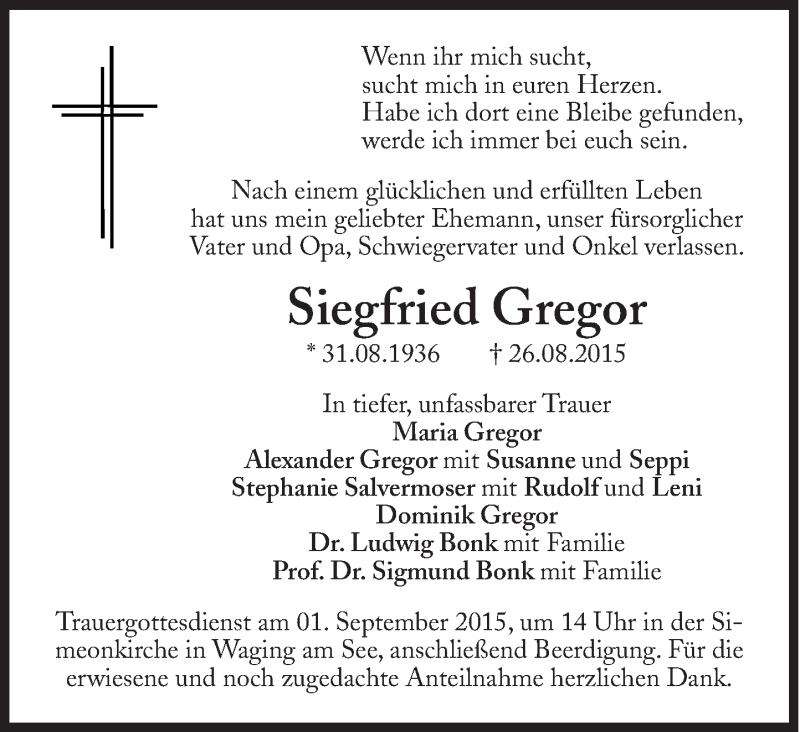 Traueranzeige für Siegfried Gregor vom 31.08.2015 aus Süddeutsche Zeitung