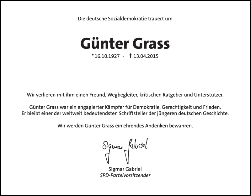  Traueranzeige für Günter Grass vom 18.04.2015 aus Süddeutsche Zeitung