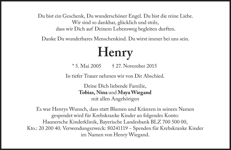  Traueranzeige für Henry  vom 01.12.2015 aus Süddeutsche Zeitung