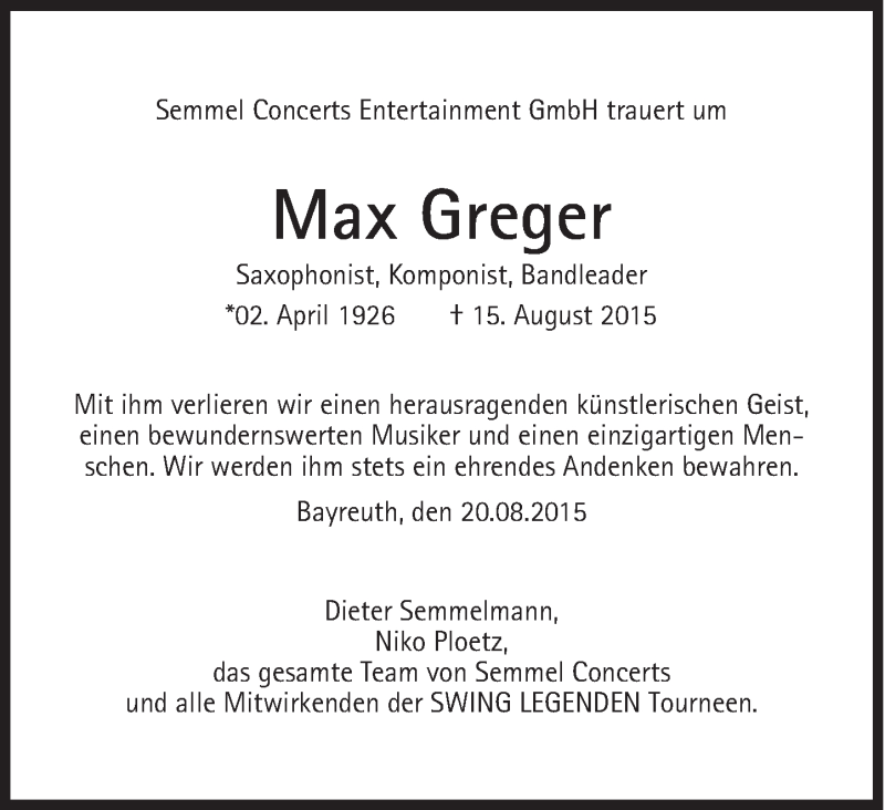  Traueranzeige für Max Greger vom 20.08.2015 aus Süddeutsche Zeitung