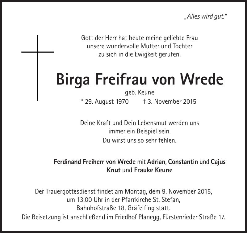  Traueranzeige für Birga  Freifrau von Wrede vom 07.11.2015 aus Süddeutsche Zeitung