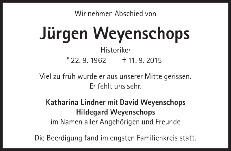  Traueranzeige für Jürgen Weyenschops vom 02.10.2015 aus Süddeutsche Zeitung
