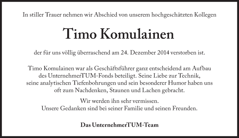  Traueranzeige für Timo Komulainen vom 23.01.2015 aus Süddeutsche Zeitung