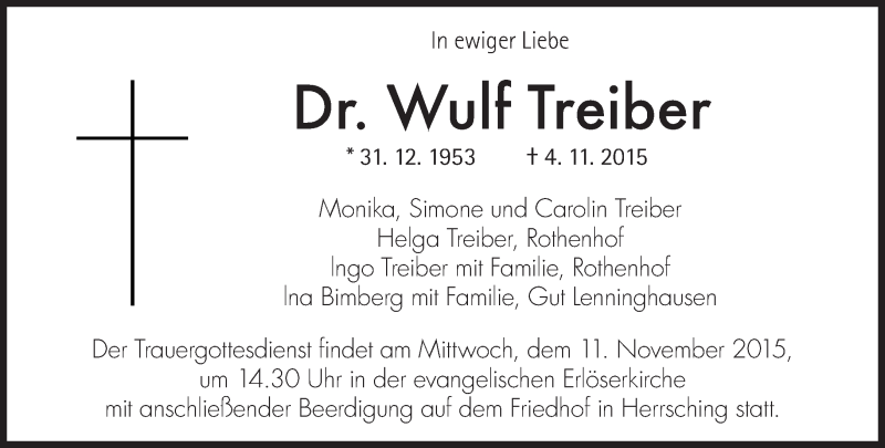  Traueranzeige für Wulf Treiber vom 07.11.2015 aus Süddeutsche Zeitung