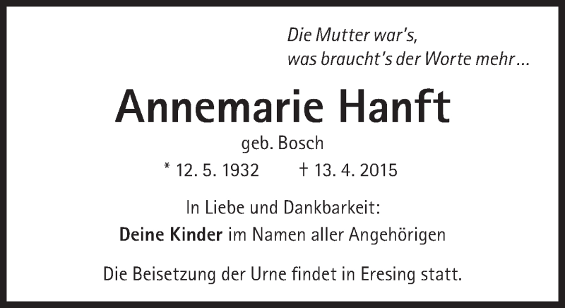  Traueranzeige für Annemarie Hanft vom 18.04.2015 aus Süddeutsche Zeitung