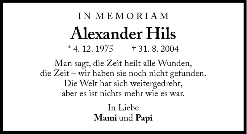  Traueranzeige für Alexander Hils vom 31.08.2011 aus Süddeutsche Zeitung