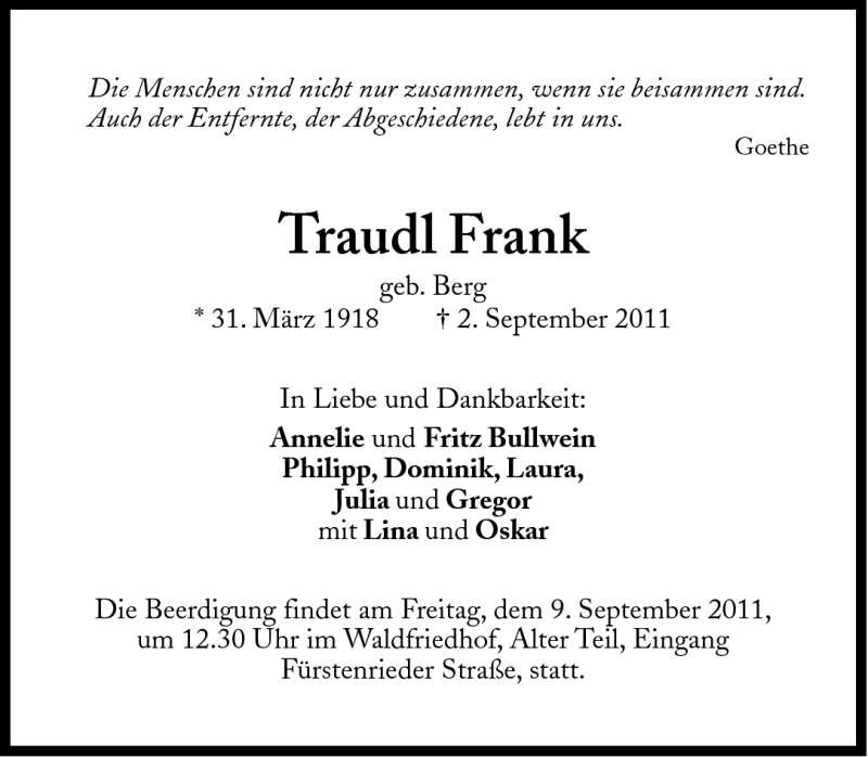 Traueranzeigen Von Traudl Frank Sz Gedenken De