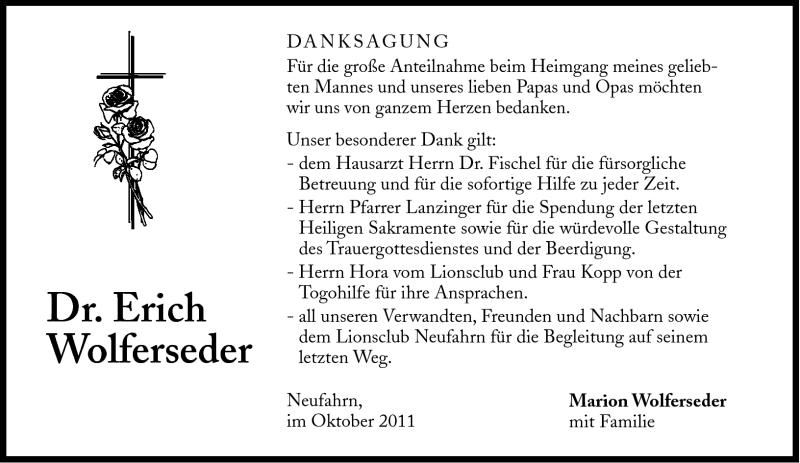  Traueranzeige für Erich Wolferseder vom 01.10.2011 aus Süddeutsche Zeitung