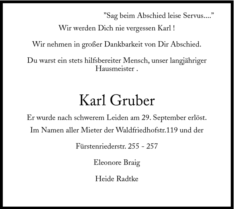 Traueranzeigen Von Karl Gruber Sz Gedenken De