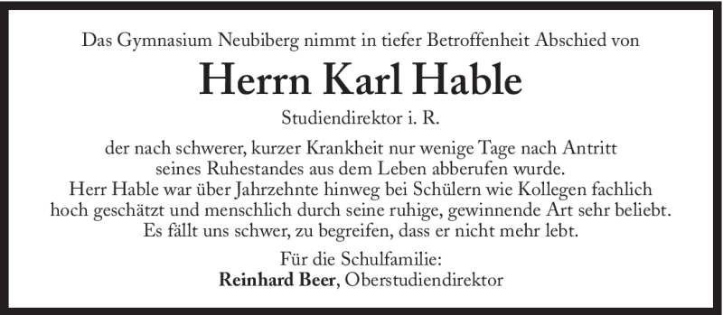  Traueranzeige für Karl Hable vom 15.10.2011 aus Süddeutsche Zeitung
