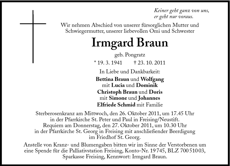  Traueranzeige für Irmgard Braun vom 25.10.2011 aus Süddeutsche Zeitung