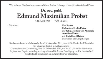 Traueranzeigen Von Edmund Maximilian Probst Sz Gedenken De