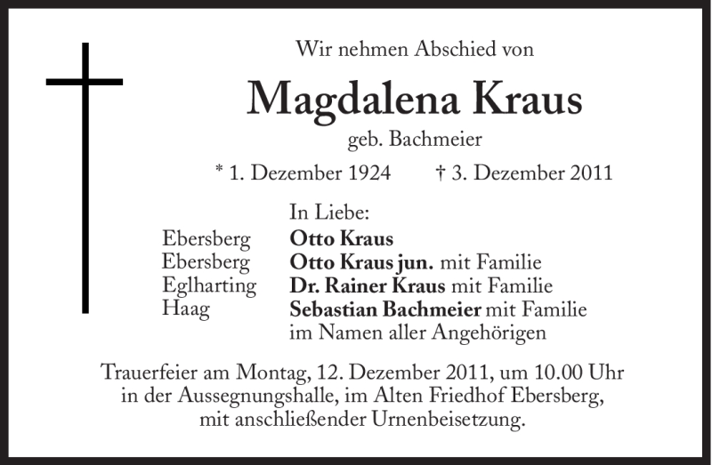 Traueranzeigen Von Magdalena Kraus SZ Gedenken De