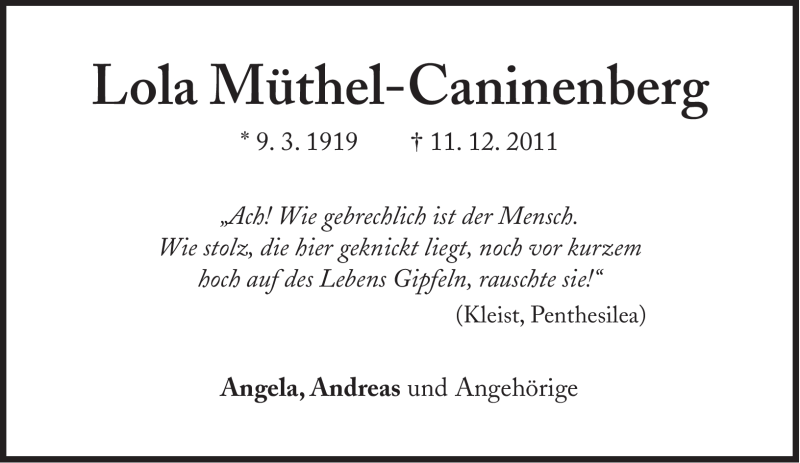  Traueranzeige für Lola Müthel-Caninenberg vom 14.12.2011 aus Süddeutsche Zeitung