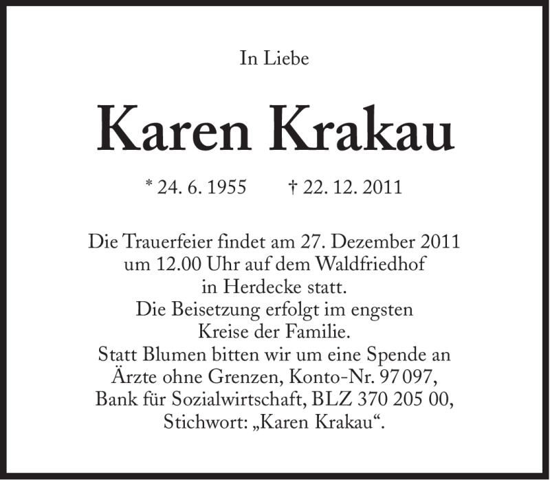  Traueranzeige für Karen Krakau vom 24.12.2011 aus Süddeutsche Zeitung