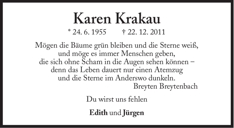  Traueranzeige für Karen Krakau vom 27.12.2011 aus Süddeutsche Zeitung