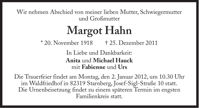 Traueranzeigen Von Margot Hahn Sz Gedenken De