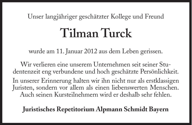  Traueranzeige für Tilman Caspar Turck vom 16.01.2012 aus Süddeutsche Zeitung