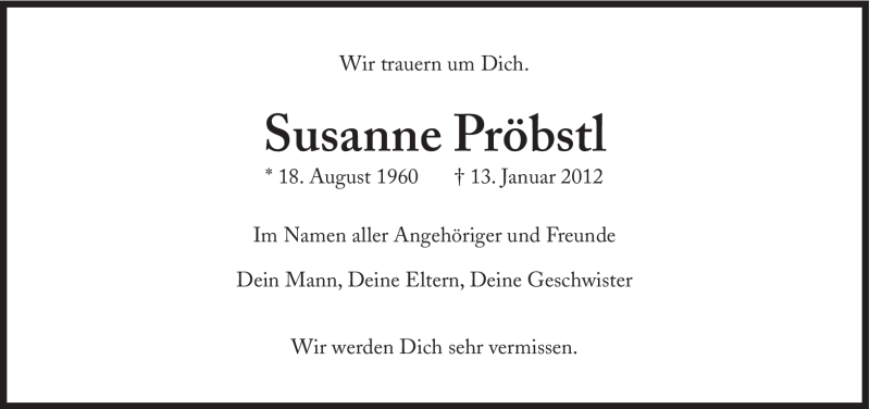 Traueranzeige für Susanne Pröbstl vom 19.01.2012 aus Süddeutsche Zeitung