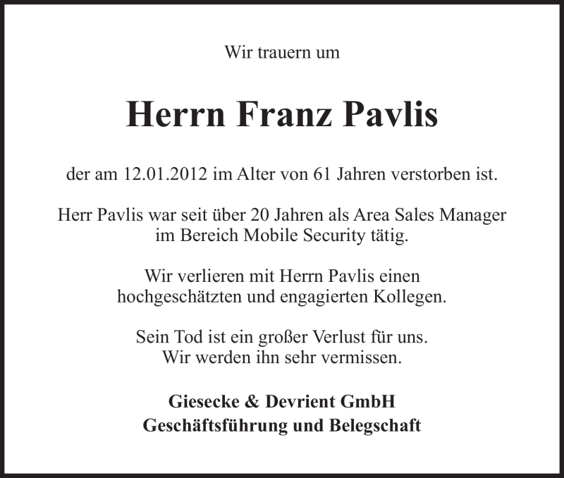  Traueranzeige für Franz Pavlis vom 19.01.2012 aus Süddeutsche Zeitung