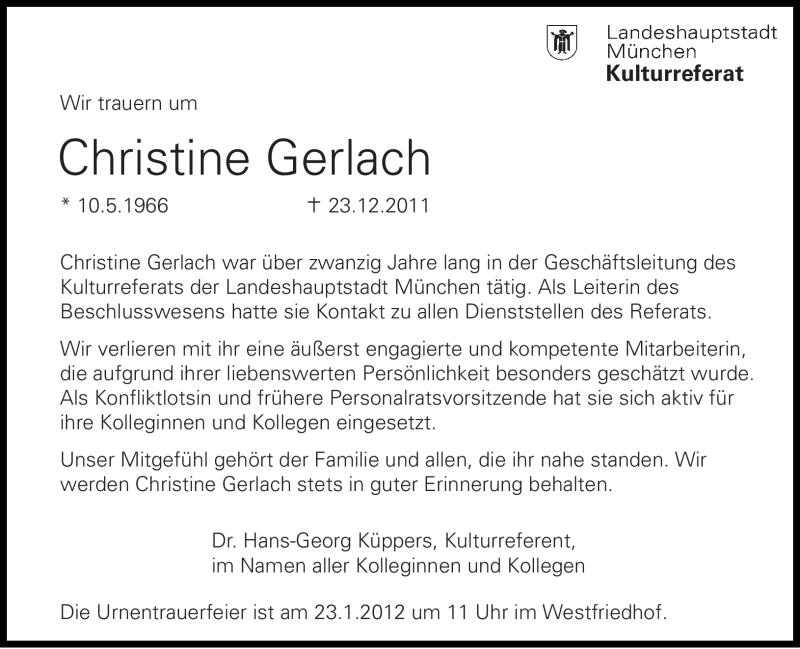  Traueranzeige für Christine Gerlach vom 20.01.2012 aus Süddeutsche Zeitung